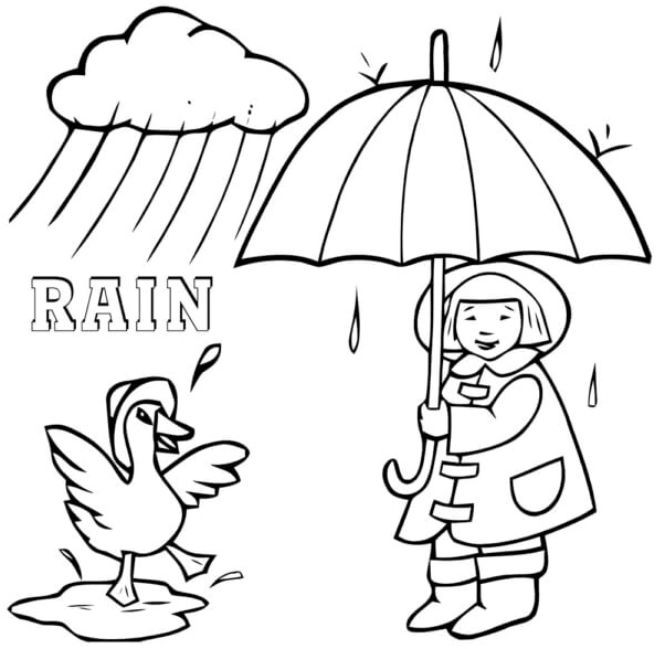Girl Rescues a Duck From the Rain Coloring Page