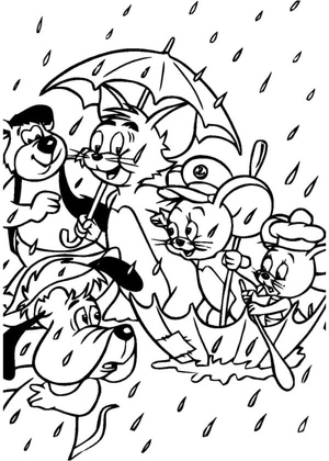 Tom, Jerry, and their friends are splashing in the puddles Coloring Page