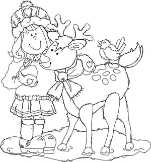 Girl and Reindeer Illustration Coloring Page