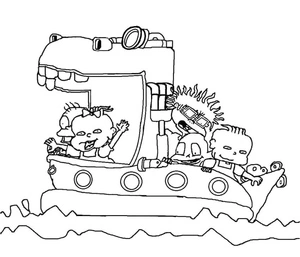 Children on a Dinosaur Boat Coloring Page