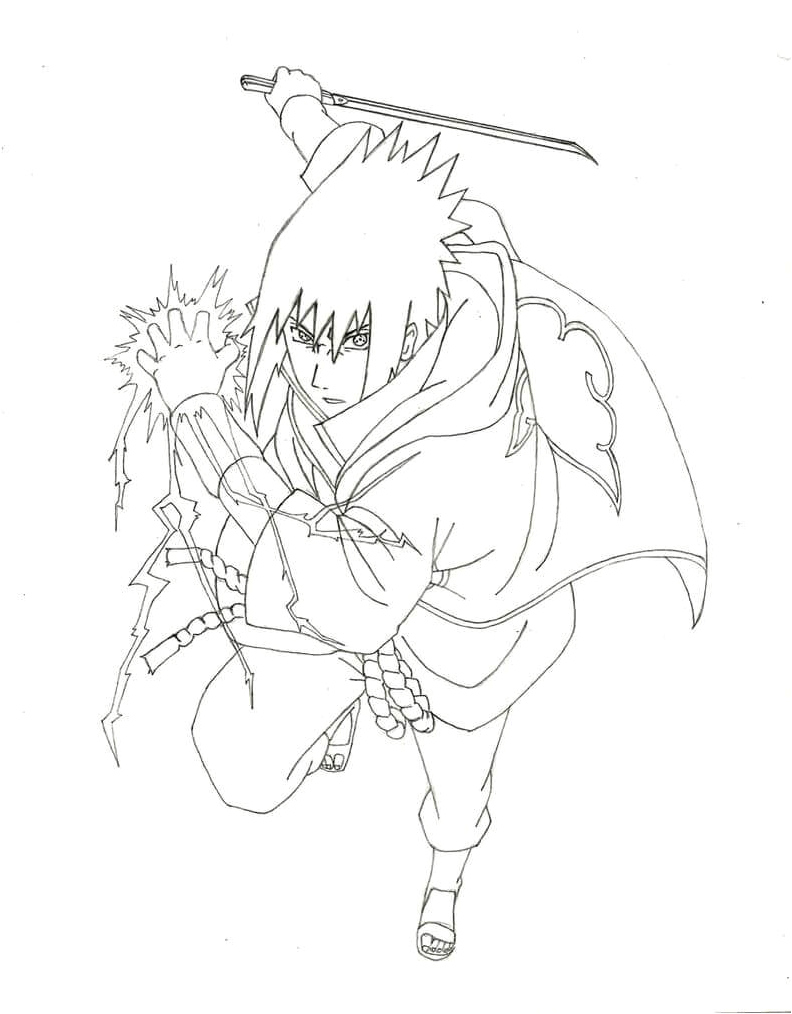 Sasuke wielding a sword and unleashing Chidori Coloring Page
