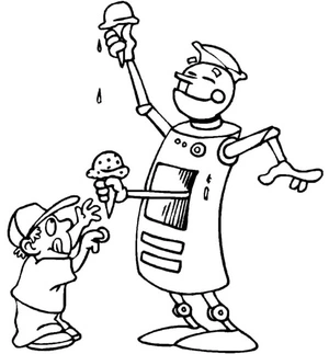 A Friendly Robot Giving Ice Cream to Kids Coloring Page