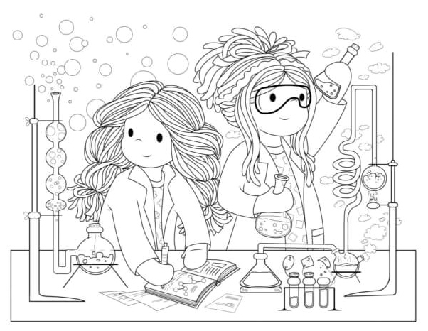 Curious Girls Engaged in Lab Exploration Coloring Page