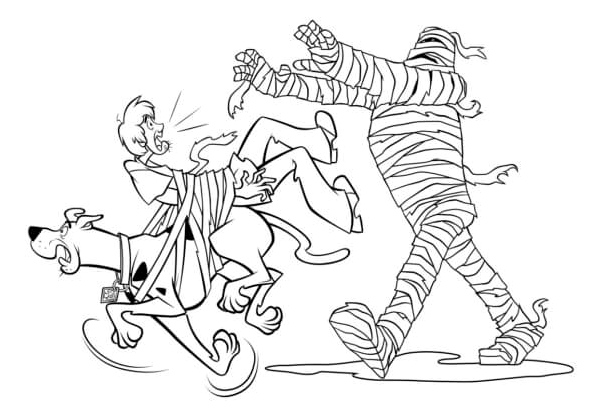 Scooby-Doo and Shaggy Running Away from Mummy Coloring Page
