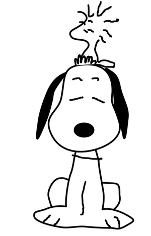 Woodstock perching on top of Snoopy's head Coloring Page