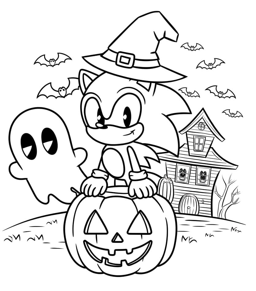 Sonic in a Halloween Haunt Coloring Page