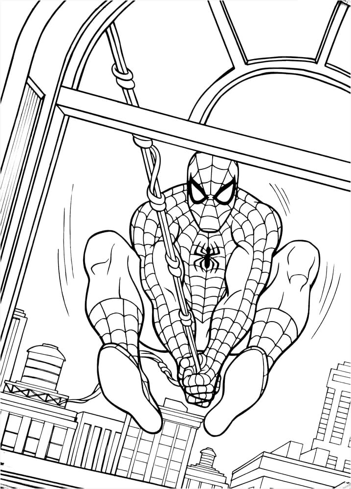 Spider-Man Swinging Outside the Window Coloring Page