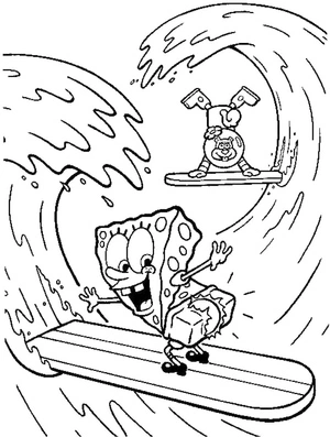 Sandy Cheeks and SpongeBob Surfing Coloring Page