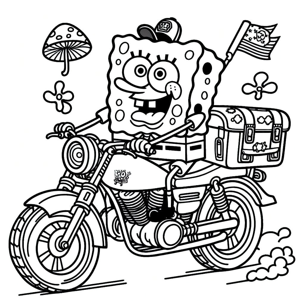 Spongebob is riding a motorbike Coloring Page