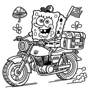Spongebob is riding a motorbike