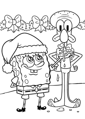 Squidward and Spongebob Christmas Coloring Page