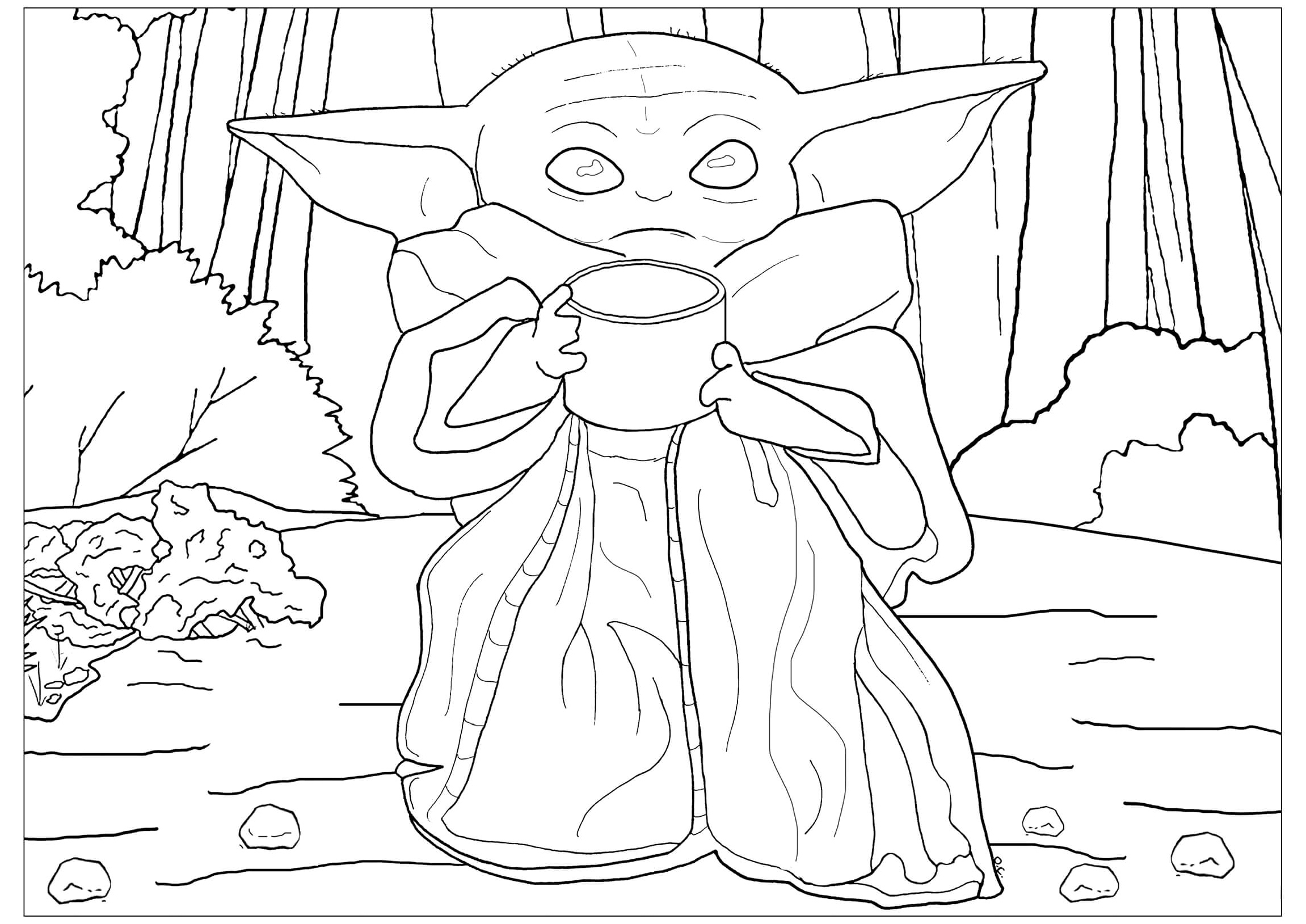 Baby Yoda Drinking Water in the Forest Coloring Page Coloring Page