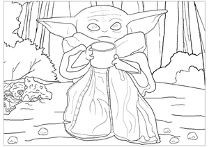 Baby Yoda Drinking Water in the Forest Coloring Page Coloring Page