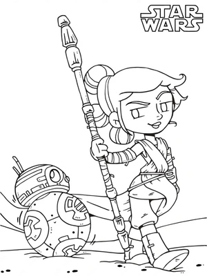 Cartoon Rey and BB-8 Coloring Page