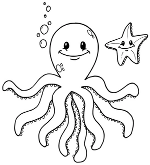 Adorable Octopus and Starfish Coloring Page