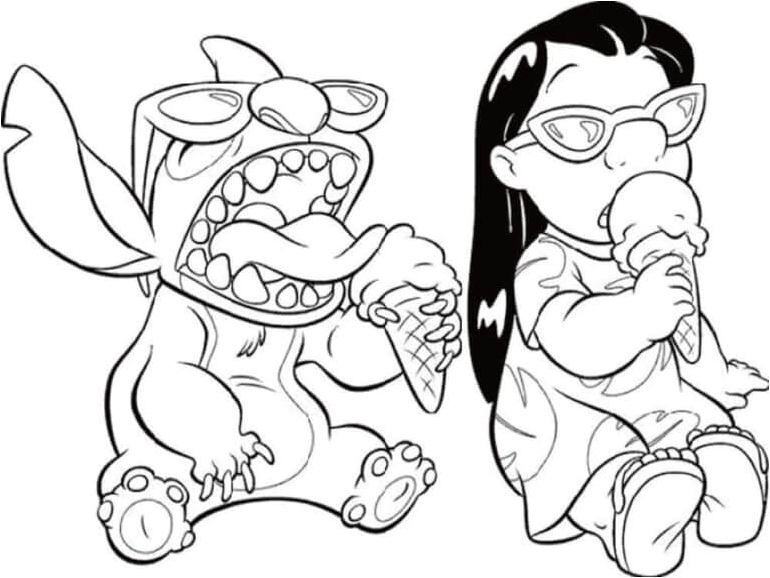Lilo And Stitch Enjoying Ice Cream as the coloring page's title. Coloring Page