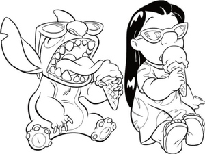 Lilo And Stitch Enjoying Ice Cream as the coloring page's title.