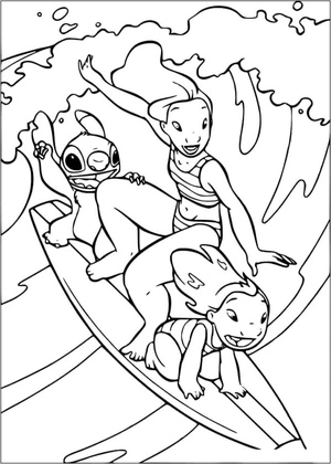 Lilo, Her Mom, and Stitch Riding the Wave on a Surfboard Coloring Page