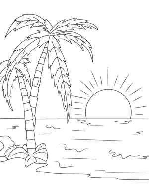 Sunrise Over a Coconut Tree Coloring Page