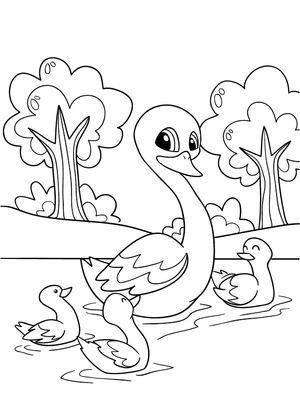 Mother Swan with Baby Cygnets Coloring Page
