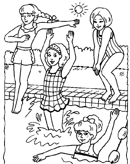 Girls Swimming in Pool Coloring Page