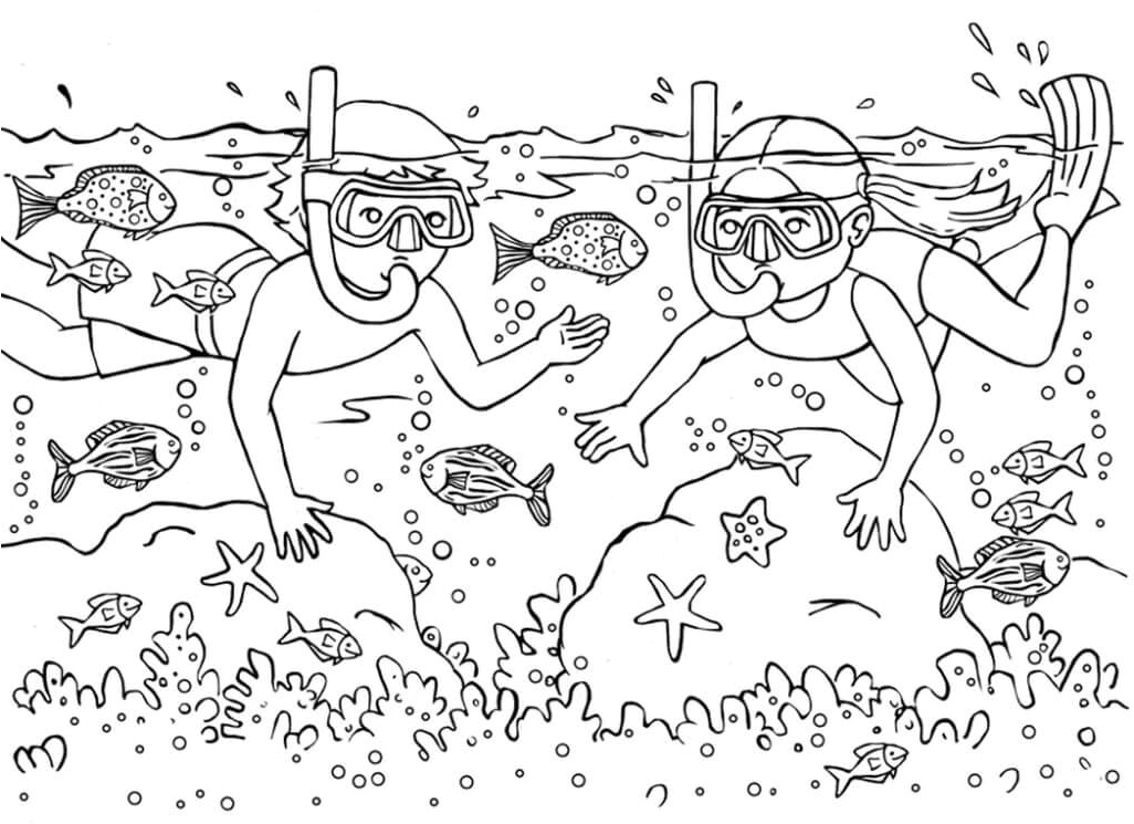 Two Children Swimming in the Ocean Coloring Page