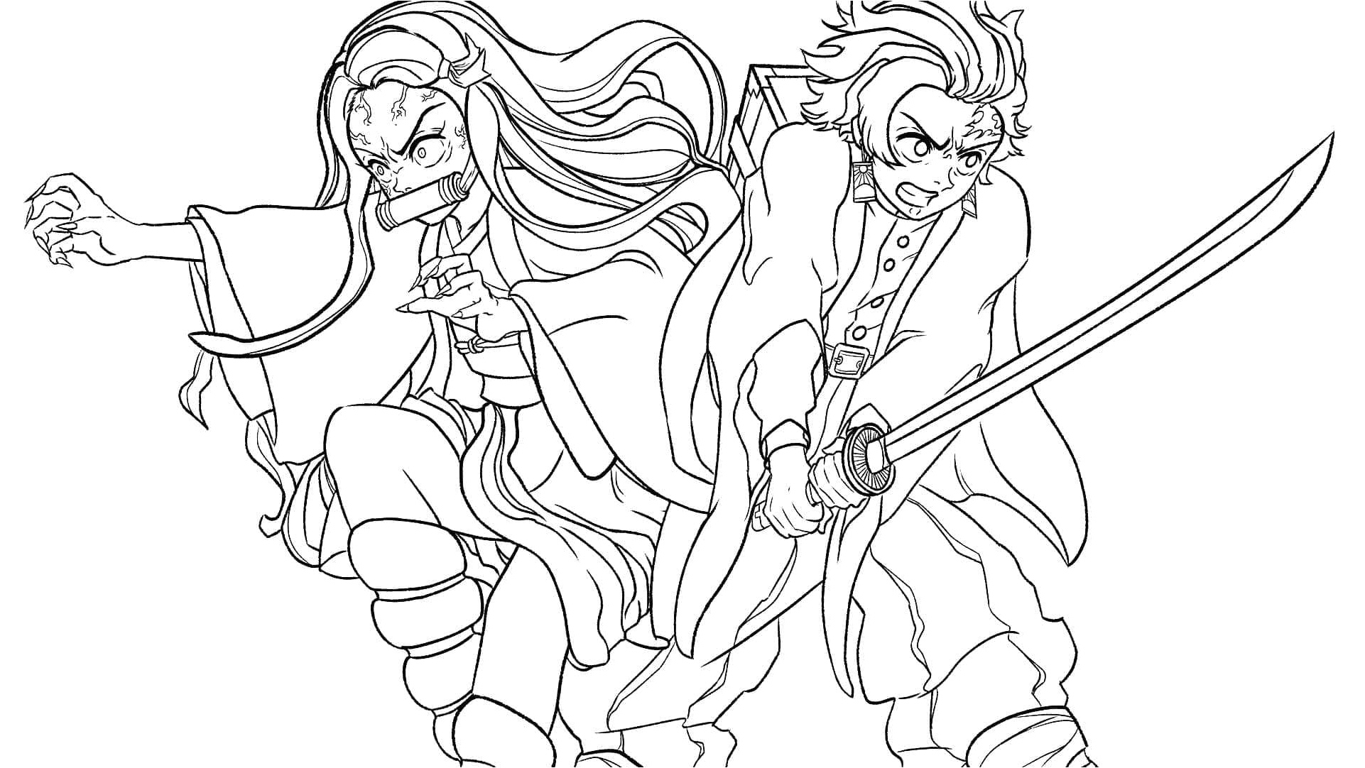 Tanjiro and his sister in action Coloring Page
