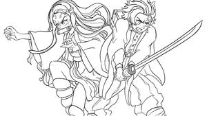 Tanjiro and his sister in action Coloring Page