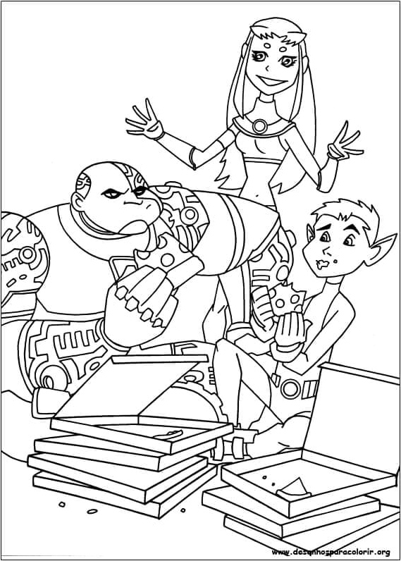 Cyborg and Friends Enjoying Pizza Coloring Page