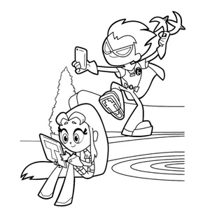 Robin and Starfire are strolling in the park. Coloring Page