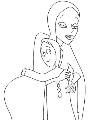"Morticia Embraces Her Daughter" Coloring Page