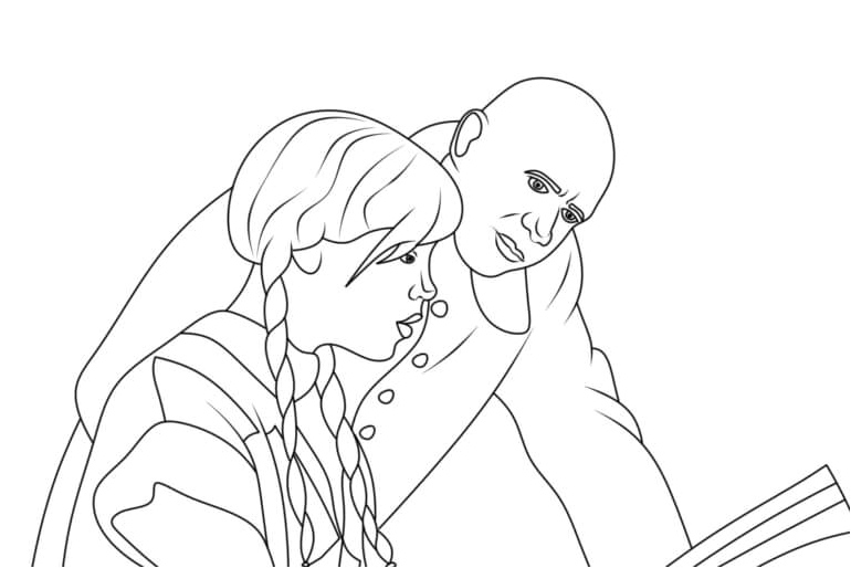 Wednesday and Uncle Fester Reading Coloring Page