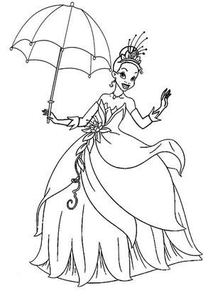 Princess Tiana holding an Umbrella Coloring Page
