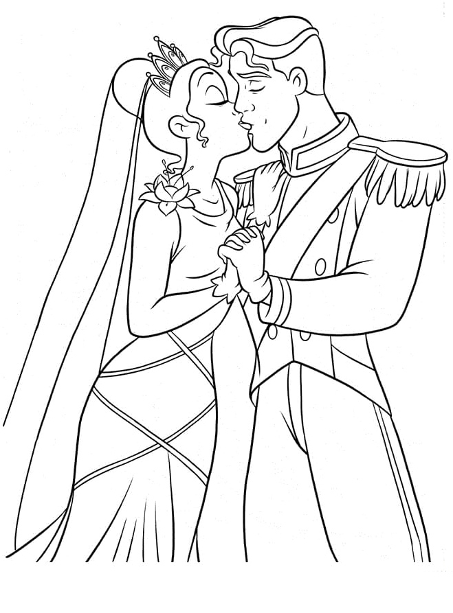 Tiana and Naveen Share a Kiss Coloring Page