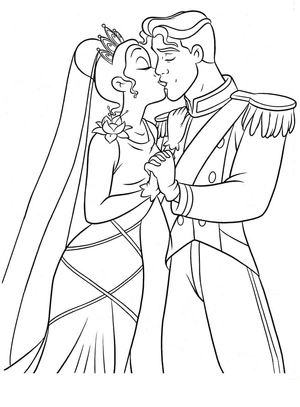 Tiana and Naveen Share a Kiss Coloring Page