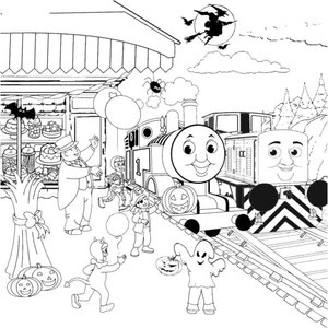 Thomas and his Friends Celebrating Halloween Coloring Page