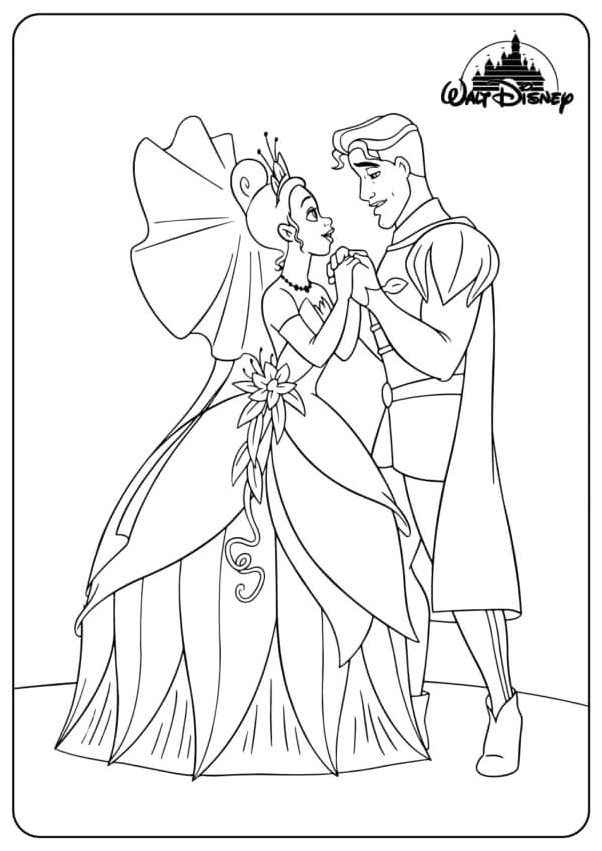 Lovely Princess Tiana and Prince's Wedding Day Coloring Page