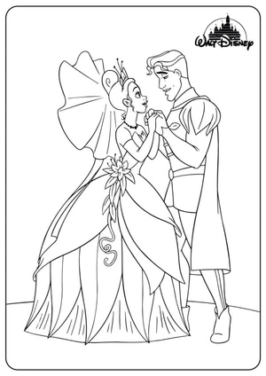 Lovely Princess Tiana and Prince's Wedding Day Coloring Page