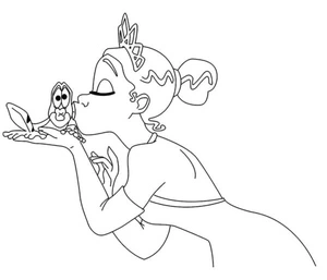 Princess Tiana Kissing the Frog Prince Coloring Page