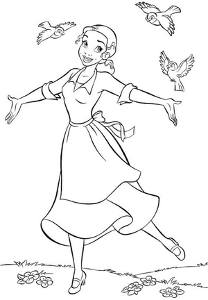 Tiana Dancing with Three Birds Coloring Page