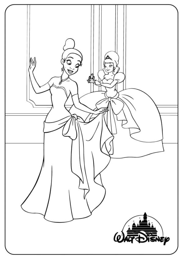 Tiana Having Fun With Her Friend Coloring Page