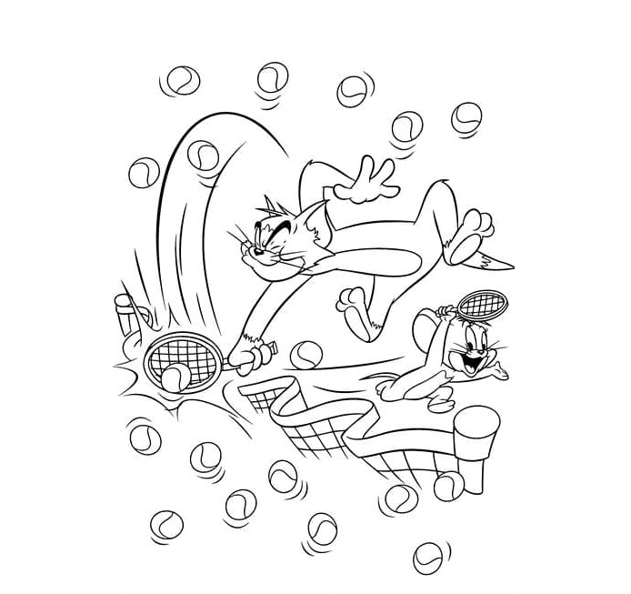 Tom and Jerry Engaged in a Tennis Match Coloring Page