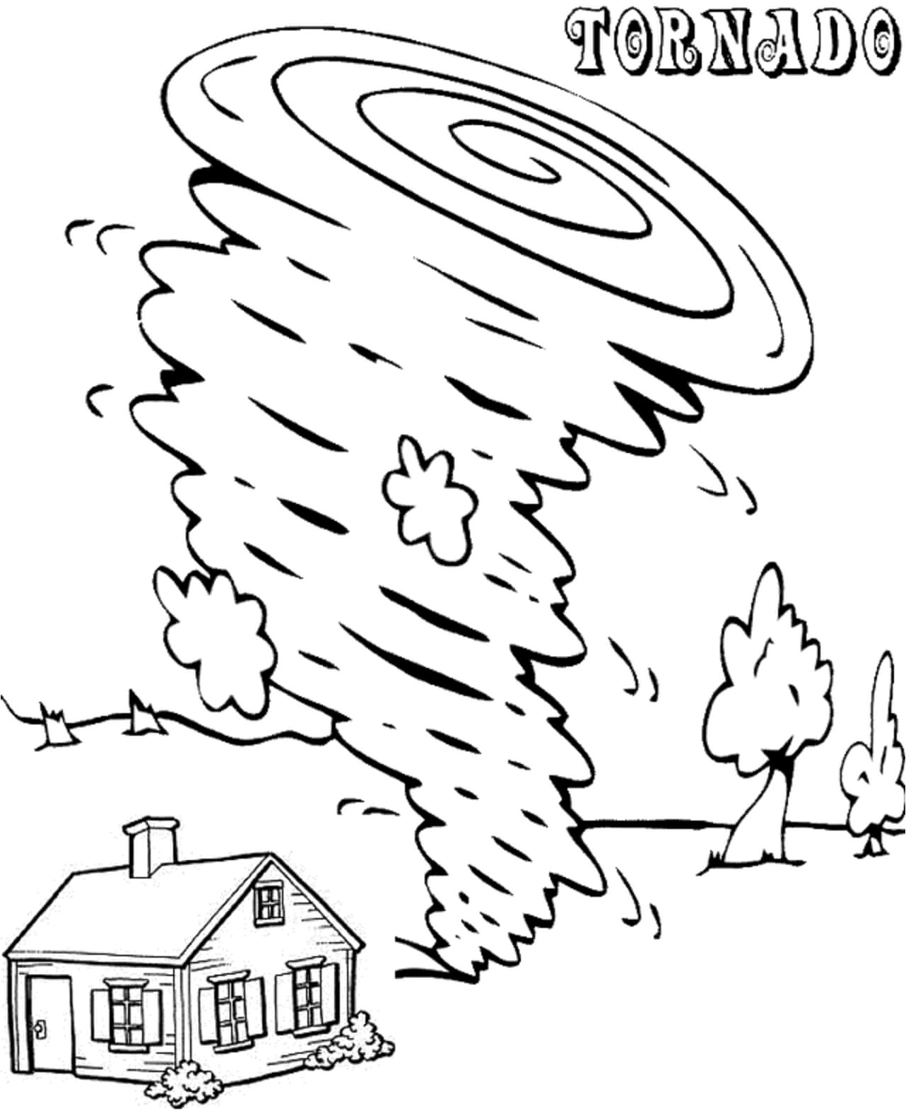 House and trees engulfed by a tornado Coloring Page