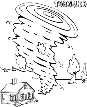 House and trees engulfed by a tornado Coloring Page