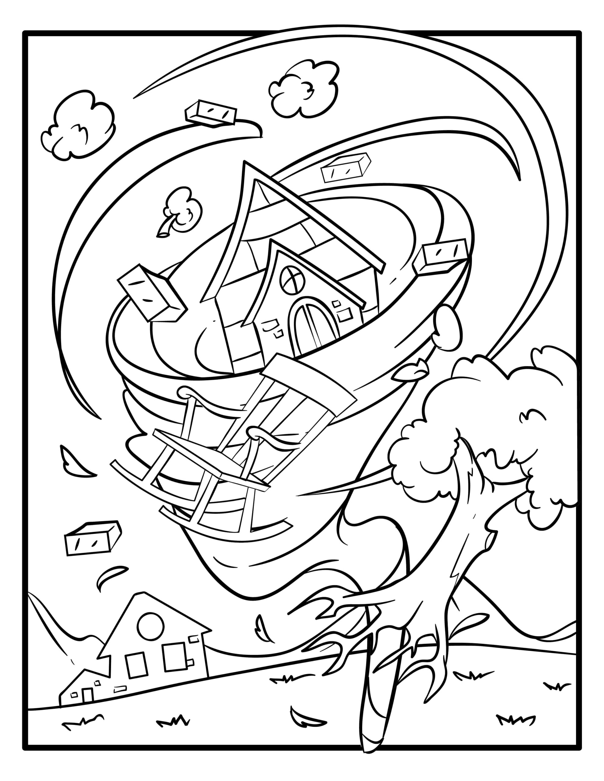 The Whole House and Trees Swept Away by Tornadoes Coloring Page