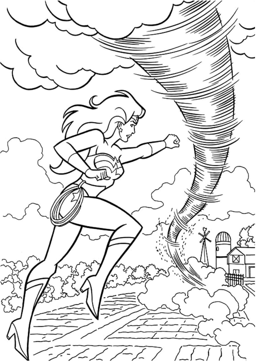 Wonder Woman facing a Tornado Coloring Page