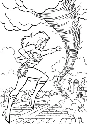 Wonder Woman facing a Tornado Coloring Page