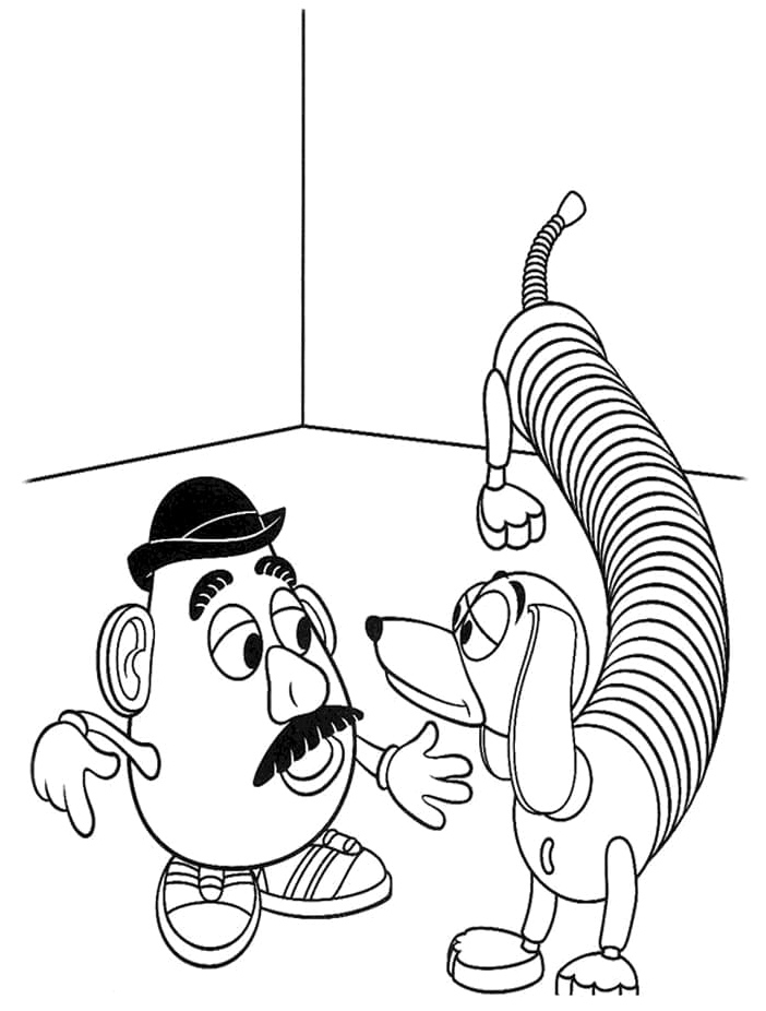 Toy Story Coloring Page featuring Slinky Dog and Mr. Potato Head Coloring Page