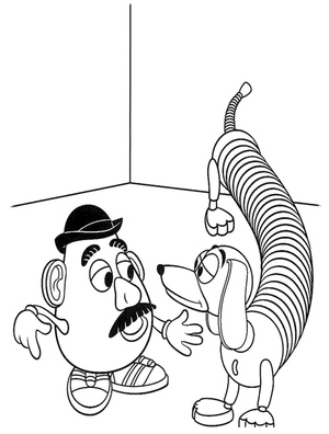 Toy Story Coloring Page featuring Slinky Dog and Mr. Potato Head