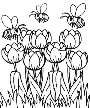 Bees with Tulips Coloring Page